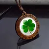 Pendant Necklaces Four Leaf Glass Dome Wooden Pendant Necklace Rope Chain Necklace Retro Jewelry St.Patricks Day GiftC24326