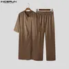 Men's Tracksuits Men Muslim Sets Satin Solid Color Islamic Arabic V Neck Half Sleeve Kaftan Jubba Thobe & Pants 2PCS 2024 Suits S-5XL