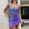 Casual Dresses Sexig kvinnors ärmlös Slim Slip Dress Kvinnlig lyxig kväll Lady Slash Neck Sequin Lace-Up Feather Mini Party