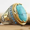 Cluster Rings Fashion Big Oval Natural Turquoises Stone Ring Men Vintage Gold Silver Color Blue Bead Wedding For Women Punk Boho Jewelry