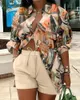 Elegante dames lange mouw blouse shirt shorts 2 -delige sets 2023 herfst vrouwelijke mode print dame suit sxxxl 240228