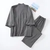 Homens Traditial Japonês Pijamas Set Cott Robe Calças Kimo Haori Yukata Camisola Japão Estilo Macio Vestido Pijamas Obi Outfits 59Mb #