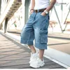 McIKKNY Vintage Men's Cargo Summer Denim Shorts Multi Pockets Blue Straight Short Jeans For Male Plus Size 30-46 V5EO#