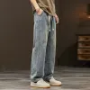 Elastisk lös raka jeans herrbrett benade denim byxor casual byxor koreansk stil sportkläder kläder jeans män byxor a1dr#