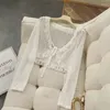 Femmes Blouses Chemises Été Abricot Dentelle Ceinture Femmes Cardigan Mode Coréenne Col En V À Manches Longues Tops Doux Mince Mince Sunsn Dro Otqh6