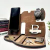 Racks Multifunktion Trä Bedside Organizer Wood Phone Docking Station Nyckel Holder Wallet Stand Watch Organizer Valentines Gifts