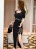 Party Dresses French Elegant Long Women's Sexy Retro Lace Spliced Short Sleeve High Slit Black Dress Robe Femme Banquet Vestido