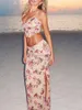 Kadın Mayo Boho Şık Çiçek Baskı 2 Parçalı Bandeau Top ve Şeffaf Örgü Maxi Bayan Yaz Plajı Takım 240326