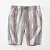 Mäns shorts 2024 Summer Kontrast randig för män Pure Linen Lightweight Beach Straight Loose Button Up Short Pants