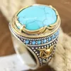 Cluster Rings Fashion Big Oval Natural Turquoises Stone Ring Men Vintage Gold Silver Color Blue Bead Wedding For Women Punk Boho Jewelry