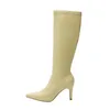 Stövlar Slim High Heel Side Zipper Elastic Pointed Toe Leather Knee Boats White Yellow Botines Femininas Women Shoes Zapato