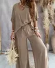 Summer Long Pant Set Two Piece Set for Women V Neck Bat Hylsa Löst Wideleg Pants 2 Solid Color Casual Outfits 240315