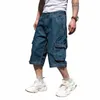 Mcikkny Vintage Herren Cargo Sommer Denim Shorts Multi Taschen Blau Gerade Kurze Jeans Für Männer Plus Größe 30-46 V5EO #