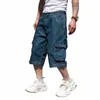 McIKKNY Vintage Men's Cargo Summer Denim Shorts Multi Pockets Blue Straight Short Jeans For Male Plus Size 30-46 V5EO#