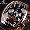 ForSining Square Mechanical Design Rose Gold Case White Dial Brown Leather Strap Mens Watches Top Brand Luxury Automatic Watch319f