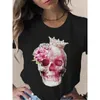 Skull Head Butterfly Flower Print Women T Shirt Short Sleeve O Neck Loose Tshirt Ladies Tee Tops Camisetas Muje 240315