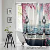 Duschgardiner Eiffel Spring Curtain Paris City Streetlights Flowers Printed Polyester Fabric Waterproof Badrum med krokar