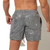 Glänzende, metallisch bedruckte, lockere Strandhose für Herren, Kordelzug-Jogginghose, gerade Hose, Sportshorts, Badeanzug, Fi a1eU #