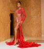 Glamorous Denizkızı Prom Elbiseler Sizli İnciler Kollu İllüzyon Yan Tüyler Süpürme Tren Mahkemesi Elbisesi Özel Yapılı Parti Giyim Vestido De Noite