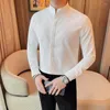 Mäns avslappnade skjortor Luxury Spring Stand Collar Long Sleeve For Man All Match Korean Slim Fit Plaid White Office Blue Homme
