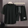 Chándales para hombres Ropa deportiva para hombres Conjunto de traje casual de verano O-cuello Camiseta de manga corta Cordón Cintura Pantalones cortos de pierna ancha Activewear