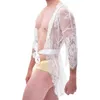 men's Sexy Porn Ultra-thin perspective Lace Short Bathrobe Nightdr Mesh Openwork Pajamas Men Exotic Lingerie Clothing r59c#