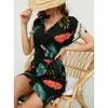 Sommer neuer hawaiianischer lang bedruckter Spitze Kurzarm Große Frauen Kleid 790818