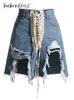 TWOTWINSTYLE Patchwork Bänder Denim Shorts Für Frauen Hohe Taille Aushöhlen Casual Streetwear Kurze Hosen Weibliche Mode 240311