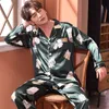 Spring Automne Men Pyjamas Ice Silk LG Sleeve Pyjamas 2024 Nouveau Nightr Lapon Imprime-Sleeurs Loose Loose Casual Home Wear Set J4NU #