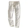 7409 Erkek Bahar Sonbahar Fi Japonya Tarzı Vintage Keten Düz Renk Düz Pantolon Erkek Günlük İnce Uygun Beyaz Basit Pantolon M6ey#