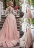 2019 Brush Różowe suknie ślubne z 34 długimi rękawami Tiulle Spódnica koronkowa wiejska suknia ślubna Vneck ślubne suknie ślubne tanie 2056904