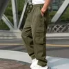 Erkekler kargo pantolon çok cepli elastik bel düz renk gevşek geniş bacak düz yumuşak sokak kıyafeti tam uzunlukta erkekler lg n0aj#