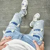 Hommes trous jeans skinny décontracté pantalon streetwear mâle élégant solide hip hop slim pantalon denim 240322