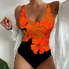 Dames badmode 2024 Casual zomer dames vakantie strandkleding patroon afdrukken één stuk zwempakken mode u nek backless bodysuit