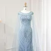 Beaded Dubai Mermaid Sharon sa att blå aftonklänningar med Cape ärmar 2024 Plus Size Women Wedding Party Gown SS195