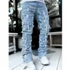 e15e Herren gestapelte Jeans Fit zerrissene Jeans zerstörte gerade Denims Hosen Vintage Hip Hop Hose Streetwear R6nL #