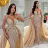 Champagne Overskirts pearls sequins beading formal prom party gowns dresses for special ocns sweep detachable train evening gown