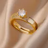 Bandringe Edelstahl Runder Ring Damen Zirkon Geometrisch Gold Kristall Ring Mode Hochzeit Schmuck Geschenktüte Frauen J240326