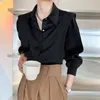 Chic Design Ruffles Bluuses Women ol Fashion Black White Shirt Office Lady Polo Collar Blusas Long Sleeve Spring Tops 240322