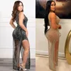 Casual klänningar kvinnor ärmlösa diamanter strassar mesh hög sida delad bodycon maxi klänning sexig fest kväll ren vestidos