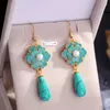 Boucles d'oreilles pendantes Vintage Turquoise camélia pour femmes accessoires de conception chinoise Antique or artisanat émail goutte d'oreille bijoux