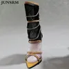 Botas 2024 Open Pointed Toe Stiletto Super Alto Salto Zíper Preto Malha Strass Sexy Moda Sandália Nightclub Stage Shoes