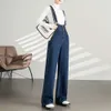 Pantalones de mezclilla con tirantes para mujer en otoño, pierna ancha, sueltos, novedad de 2023, cintura alta, adelgazante, pierna recta, pantalones con tirantes de estatura pequeña que reducen la edad