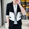 Erkek takımları yaz gündelik ince beyefendi iş düğün moda trend yakışıklı renk eşleşen blazer baskı kolu küçük takım elbise