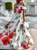 Casual Dresses Summer Lady High Waist Print Maxi Dress Women Floral Party Club Ankle-Length Chic Slash Neck Slim Off Shoulder