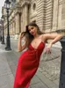 Womens Sexy Backless Red Satin Maxi Dress Female Elegant V Neck Lace Up Sleeve Ladies High Street Vestidos 240321