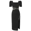 Festklänningar franska eleganta långa kvinnors sexiga retro spetsar skarvad kort ärm hög slits svart klänningskåpa femme bankett vestido