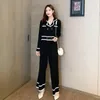 Women's Two Piece Pants Korean Knitted Sweater Short Tops Suit High Waist Knit Wide Leg Outfits Casual Fashion Spring Conjunto Soft 2 Sets