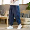 Japoński w stylu Stripe Summer Cott Linen Pants Men Streetwear Oddychane spodnie plażowe Męskie Calf-lenght spodnie W7BV#