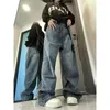 Jeans harajuku de femme de femme y2k azul escuro marrom de rua alta da cintura 90s calças largas calças de perna larga reta 240322